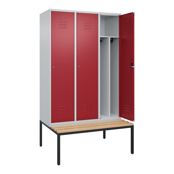 C+P Spind Classic PLUS, Bank, 3 Abteile, 2120x1200x815mm, 7035/3003 Verschluss Zylinderschloss 4 Garderobenhaken Trennwand mittig  Sitzbanktyp untergebaut