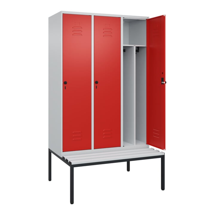 C+P Spind Classic PLUS, Bank, 3 Abteile, 2120x1200x815mm, 7035/3020 Verschluss Sicherheits-Drehriegel 4 Garderobenhaken Trennwand mittig Dekor Banklatten RAL 7035 Lichtgrau Sitzbanktyp untergebaut
