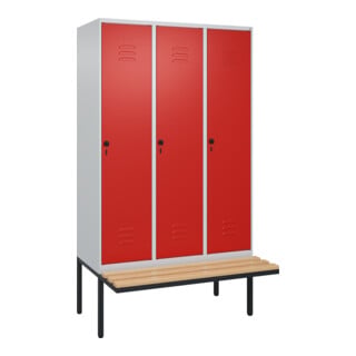 C+P Spind Classic PLUS, Bank, 3 Abteile, 2120x1200x815mm, 7035/3020 Verschluss Sicherheits-Drehriegel 4 Garderobenhaken Trennwand mittig  Sitzbanktyp auskragend