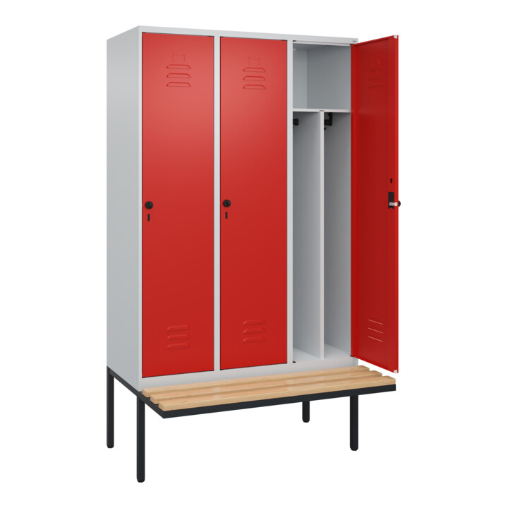 C+P Spind Classic PLUS, Bank, 3 Abteile, 2120x1200x815mm, 7035/3020 Verschluss Sicherheits-Drehriegel 4 Garderobenhaken Trennwand mittig  Sitzbanktyp auskragend