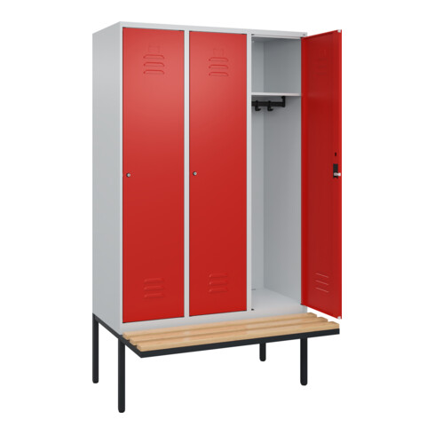 C+P Spind Classic PLUS, Bank, 3 Abteile, 2120x1200x815mm, 7035/3020 Verschluss Zylinderschloss 4 Garderobenhaken   Sitzbanktyp auskragend