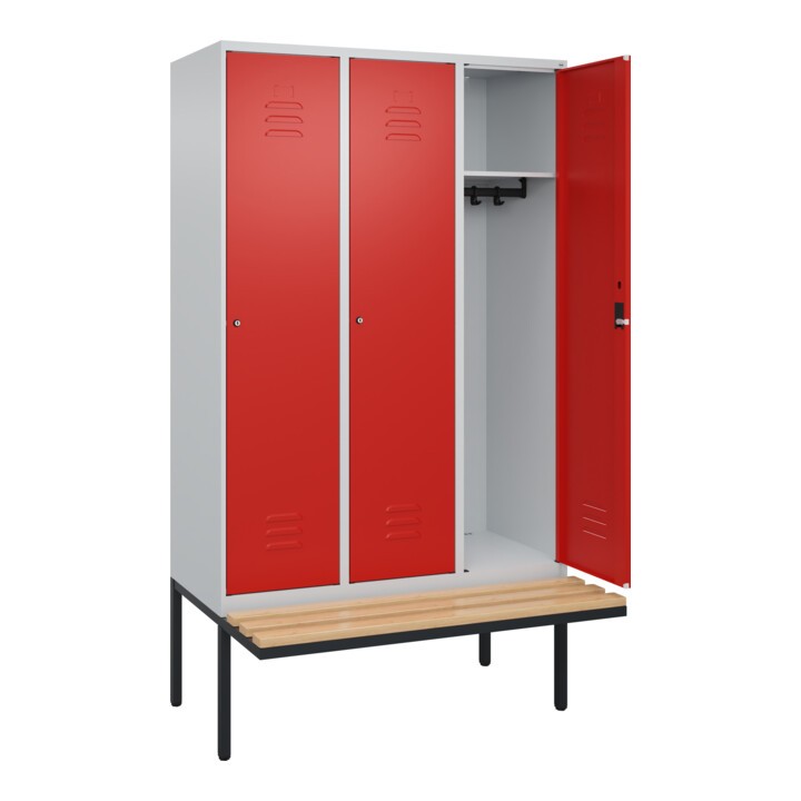 C+P Spind Classic PLUS, Bank, 3 Abteile, 2120x1200x815mm, 7035/3020 Verschluss Zylinderschloss 4 Garderobenhaken   Sitzbanktyp auskragend