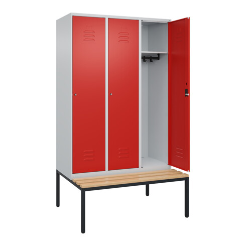C+P Spind Classic PLUS, Bank, 3 Abteile, 2120x1200x815mm, 7035/3020 Verschluss Zylinderschloss 4 Garderobenhaken   Sitzbanktyp untergebaut