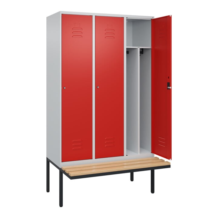 C+P Spind Classic PLUS, Bank, 3 Abteile, 2120x1200x815mm, 7035/3020 Verschluss Zylinderschloss 4 Garderobenhaken Trennwand mittig  Sitzbanktyp auskragend