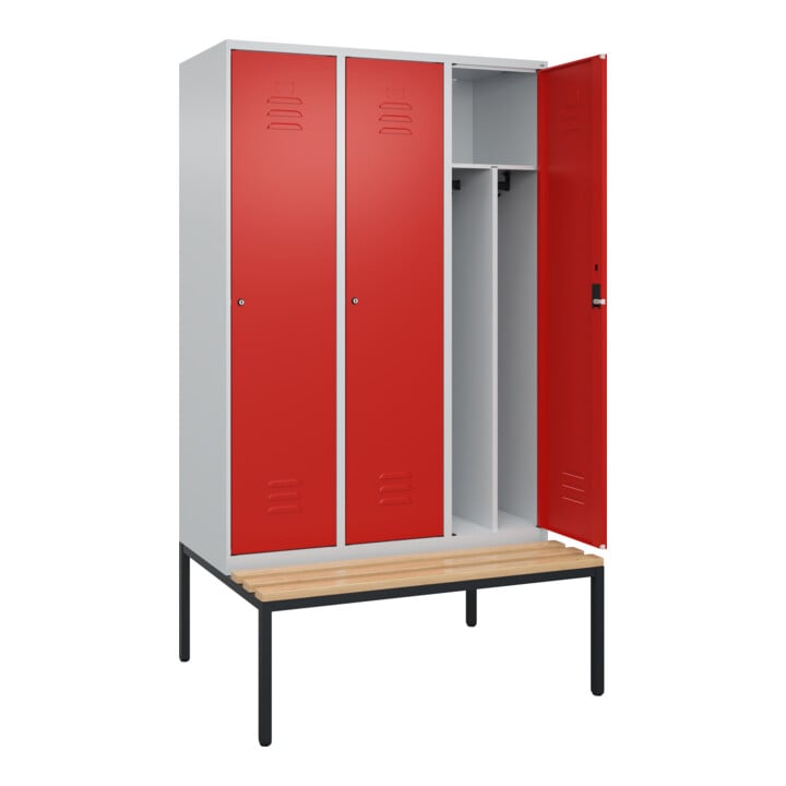 C+P Spind Classic PLUS, Bank, 3 Abteile, 2120x1200x815mm, 7035/3020 Verschluss Zylinderschloss 4 Garderobenhaken Trennwand mittig  Sitzbanktyp untergebaut