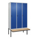 C+P Spind Classic PLUS, Bank, 3 Abteile, 2120x1200x815mm, 7035/5010 Verschluss Sicherheits-Drehriegel 4 Garderobenhaken Trennwand mittig  Sitzbanktyp auskragend-1