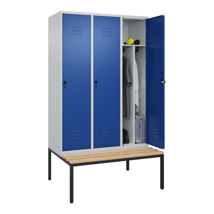 C+P Spind Classic PLUS, Bank, 3 Abteile, 2120x1200x815mm, 7035/5010 Verschluss Sicherheits-Drehriegel 4 Garderobenhaken Trennwand mittig  Sitzbanktyp untergebaut
