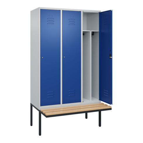 C+P Spind Classic PLUS, Bank, 3 Abteile, 2120x1200x815mm, 7035/5010 Verschluss Zylinderschloss 4 Garderobenhaken Trennwand mittig  Sitzbanktyp auskragend