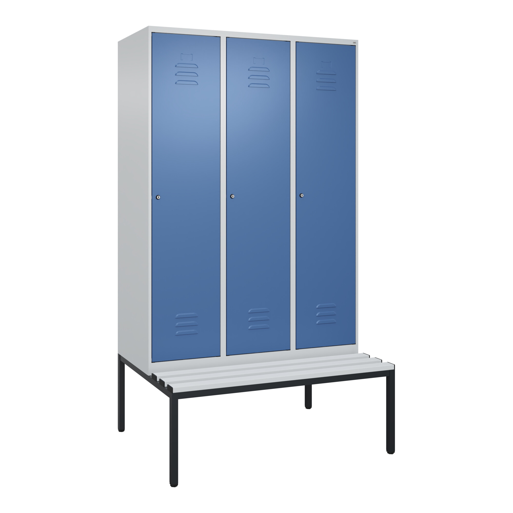 C+P Spind Classic PLUS, Bank, 3 Abteile, 2120x1200x815mm, 7035/5023 Verschluss Zylinderschloss 4 Garderobenhaken Trennwand mittig Dekor Banklatten RAL