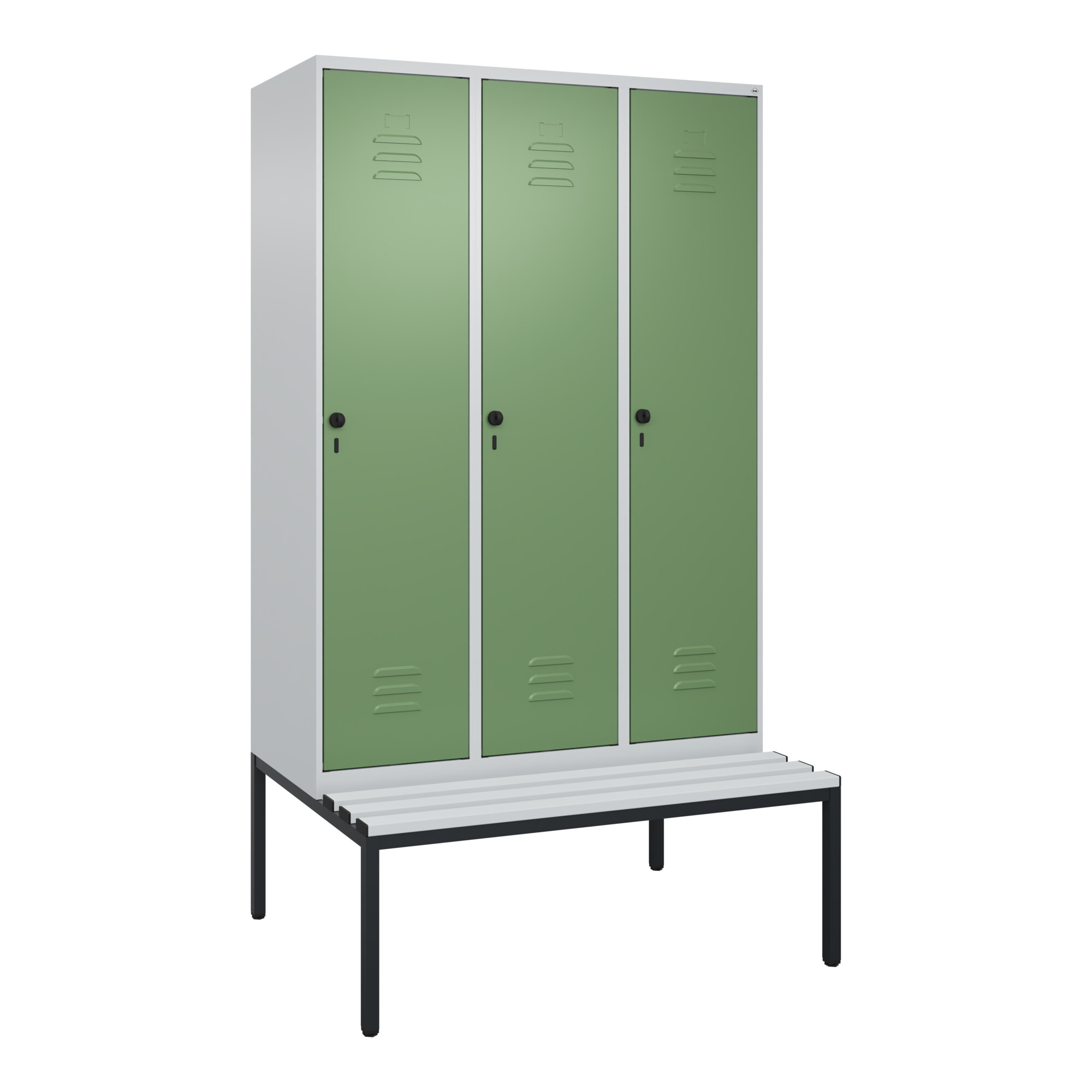 C+P Spind Classic PLUS, Bank, 3 Abteile, 2120x1200x815mm, 7035/6011 Verschluss Sicherheits-Drehriegel 4 Garderobenhaken Trennwand mittig Dekor Banklat