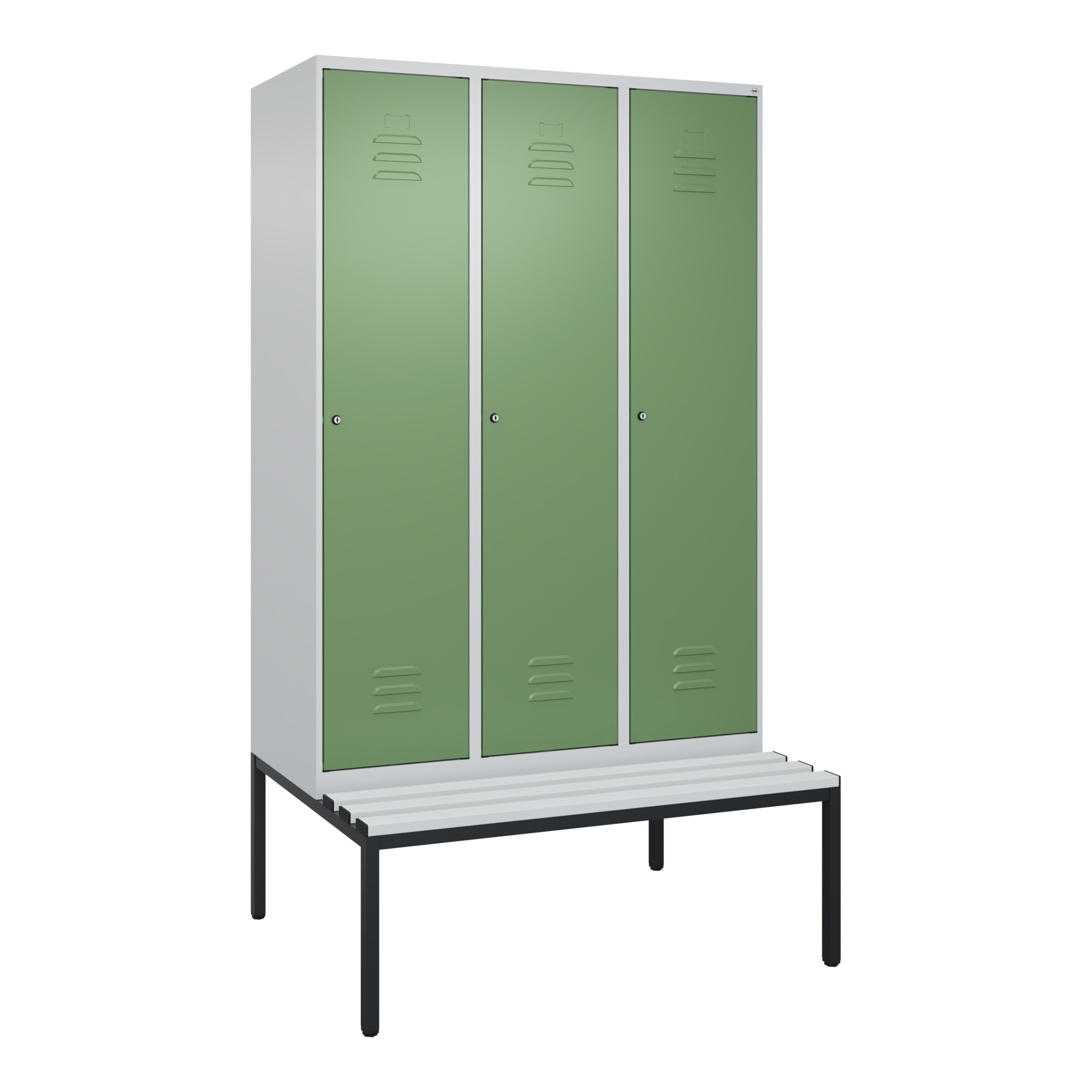 C+P Spind Classic PLUS, Bank, 3 Abteile, 2120x1200x815mm, 7035/6011 Verschluss Zylinderschloss 4 Garderobenhaken Trennwand mittig Dekor Banklatten RAL