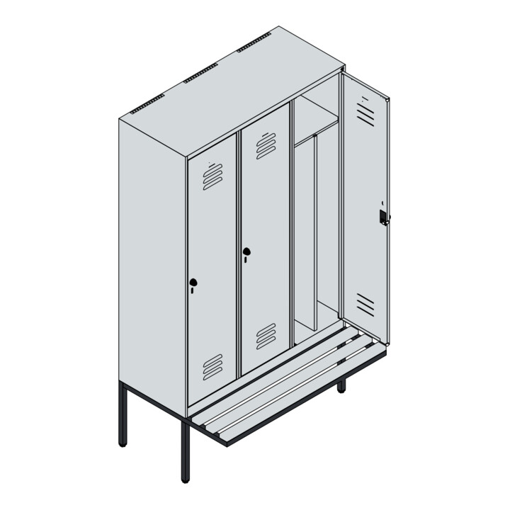 C+P Spind Classic PLUS, Bank, 3 Abteile, 2120x1200x815mm, 7035/6011 Verschluss Zylinderschloss 4 Garderobenhaken Trennwand mittig  Sitzbanktyp auskragend