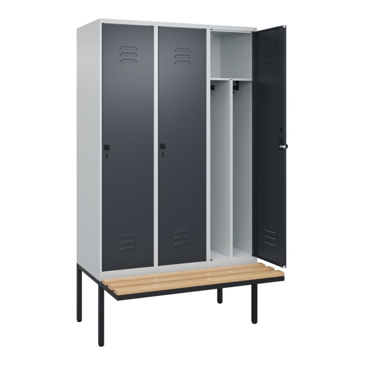 C+P Spind Classic PLUS, Bank, 3 Abteile, 2120x1200x815mm, 7035/7016 Verschluss Sicherheits-Drehriegel 4 Garderobenhaken Trennwand mittig  Sitzbanktyp auskragend