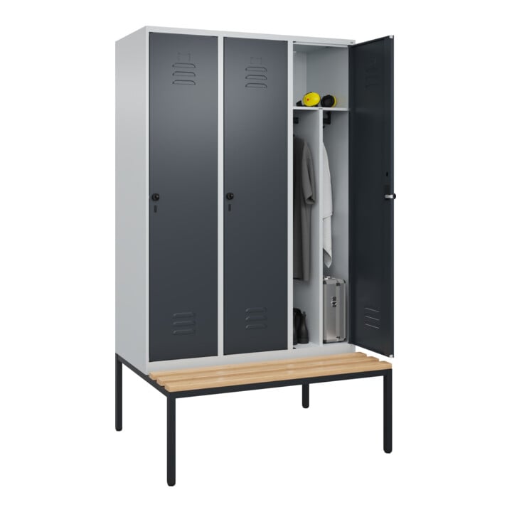 C+P Spind Classic PLUS, Bank, 3 Abteile, 2120x1200x815mm, 7035/7016 Verschluss Sicherheits-Drehriegel 4 Garderobenhaken Trennwand mittig  Sitzbanktyp untergebaut