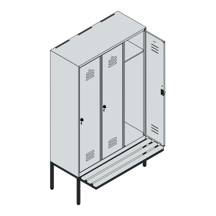 C+P Spind Classic PLUS, Bank, 3 Abteile, 2120x1200x815mm, 7035/7016 Verschluss Zylinderschloss 4 Garderobenhaken   Sitzbanktyp auskragend