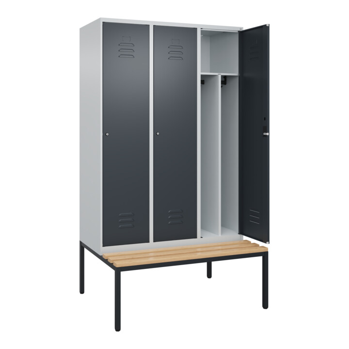 C+P Spind Classic PLUS, Bank, 3 Abteile, 2120x1200x815mm, 7035/7016 Verschluss Zylinderschloss 4 Garderobenhaken Trennwand mittig  Sitzbanktyp untergebaut