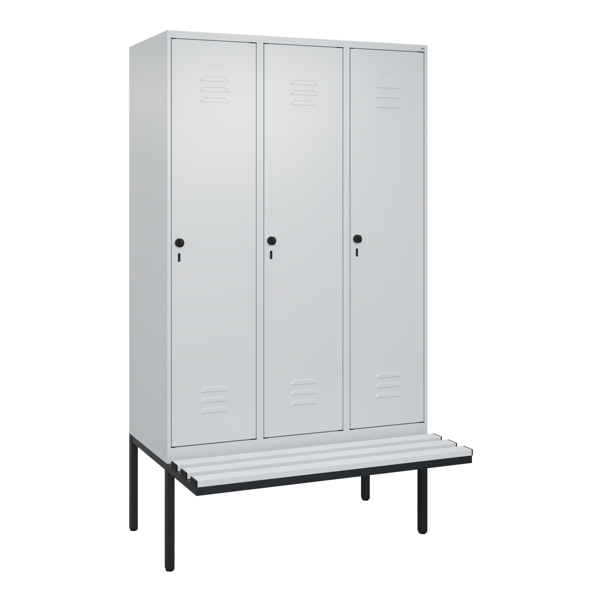 C+P Spind Classic PLUS, Bank, 3 Abteile, 2120x1200x815mm, 7035/7035 Verschluss Sicherheits-Drehriegel 4 Garderobenhaken Dekor Banklatten RAL 7035 Lic