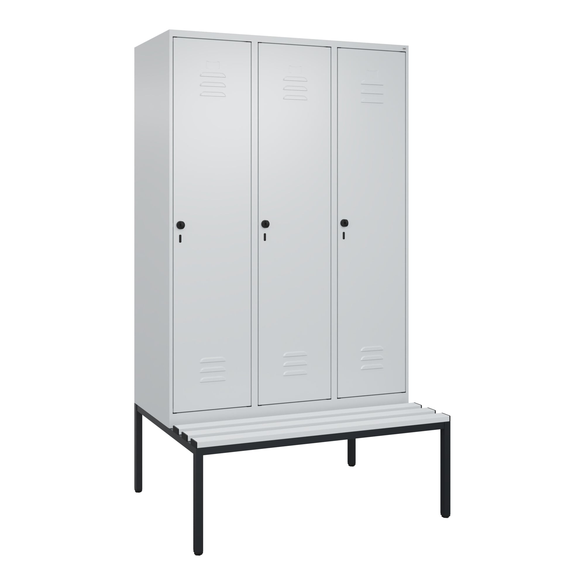 C+P Spind Classic PLUS, Bank, 3 Abteile, 2120x1200x815mm, 7035/7035 Verschluss Sicherheits-Drehriegel 4 Garderobenhaken Dekor Banklatten RAL 7035 Lic