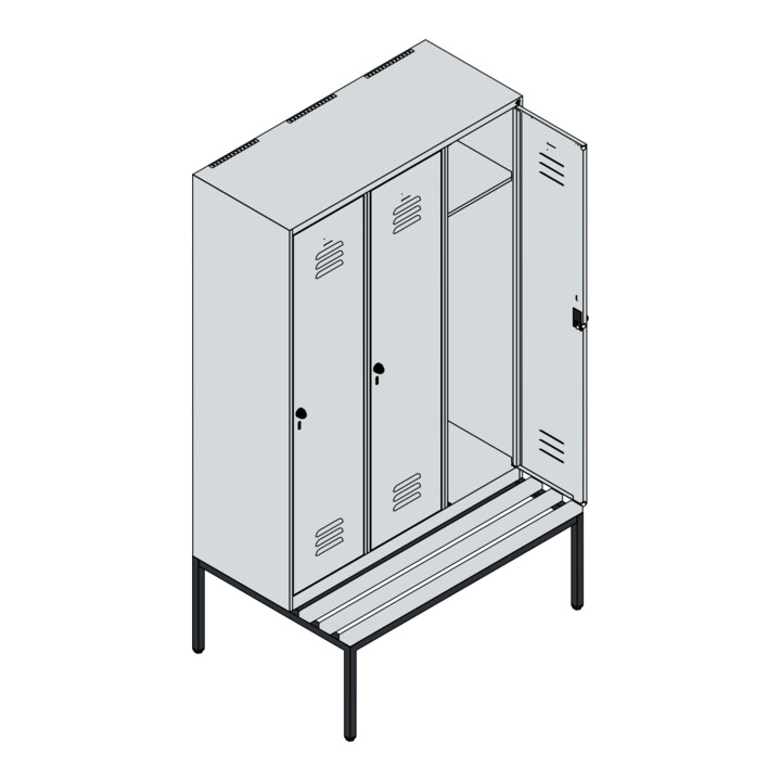 C+P Spind Classic PLUS, Bank, 3 Abteile, 2120x1200x815mm, 7035/7035 Verschluss Sicherheits-Drehriegel 4 Garderobenhaken   Sitzbanktyp untergebaut