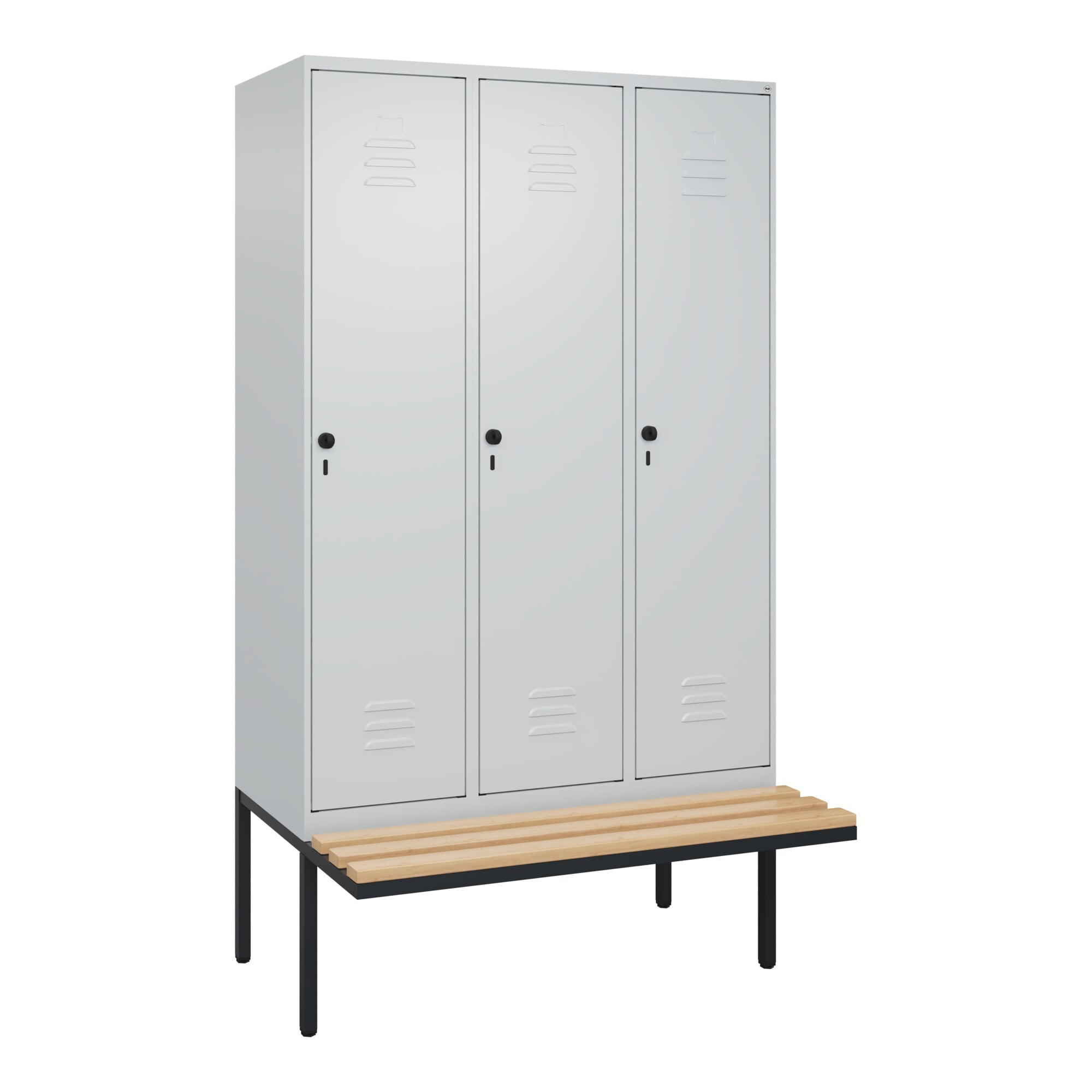 C+P Spind Classic PLUS, Bank, 3 Abteile, 2120x1200x815mm, 7035/7035 Verschluss Sicherheits-Drehriegel 4 Garderobenhaken Trennwand mittig Sitzbanktyp