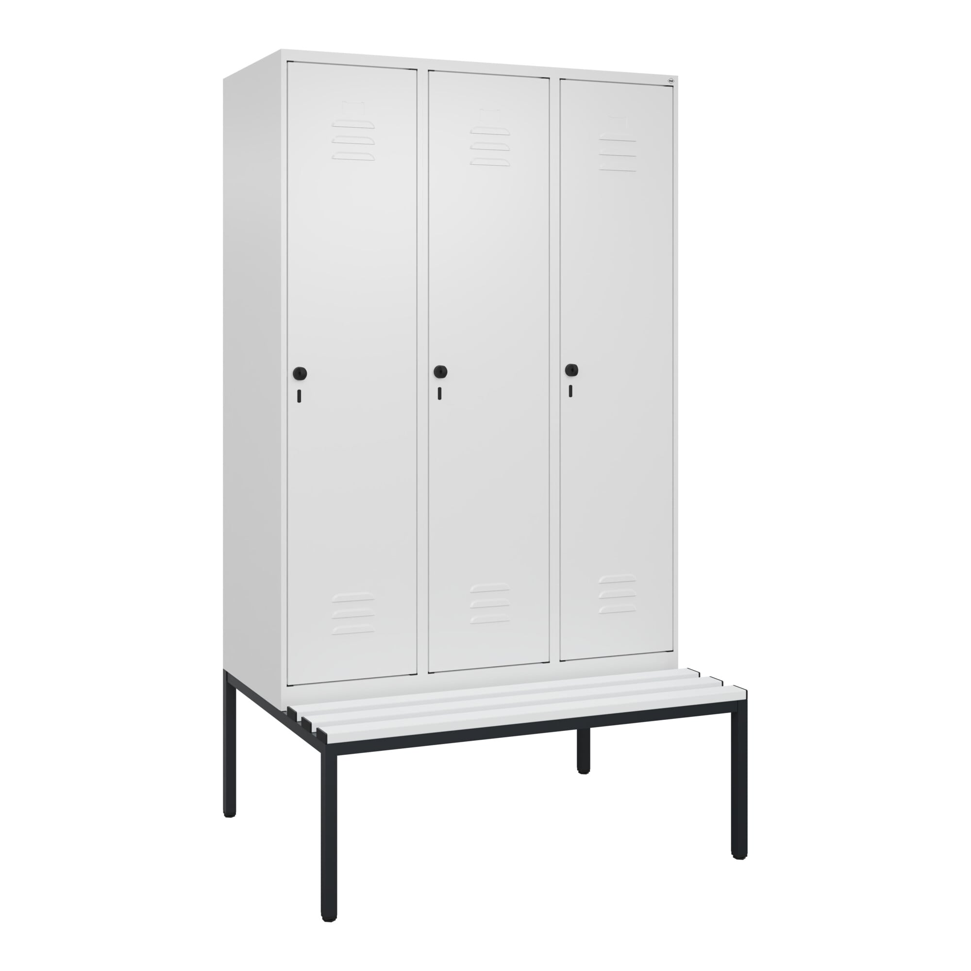 C+P Spind Classic PLUS, Bank, 3 Abteile, 2120x1200x815mm, 9016/9016 Verschluss Sicherheits-Drehriegel 4 Garderobenhaken Dekor Banklatten RAL 9010 Rei