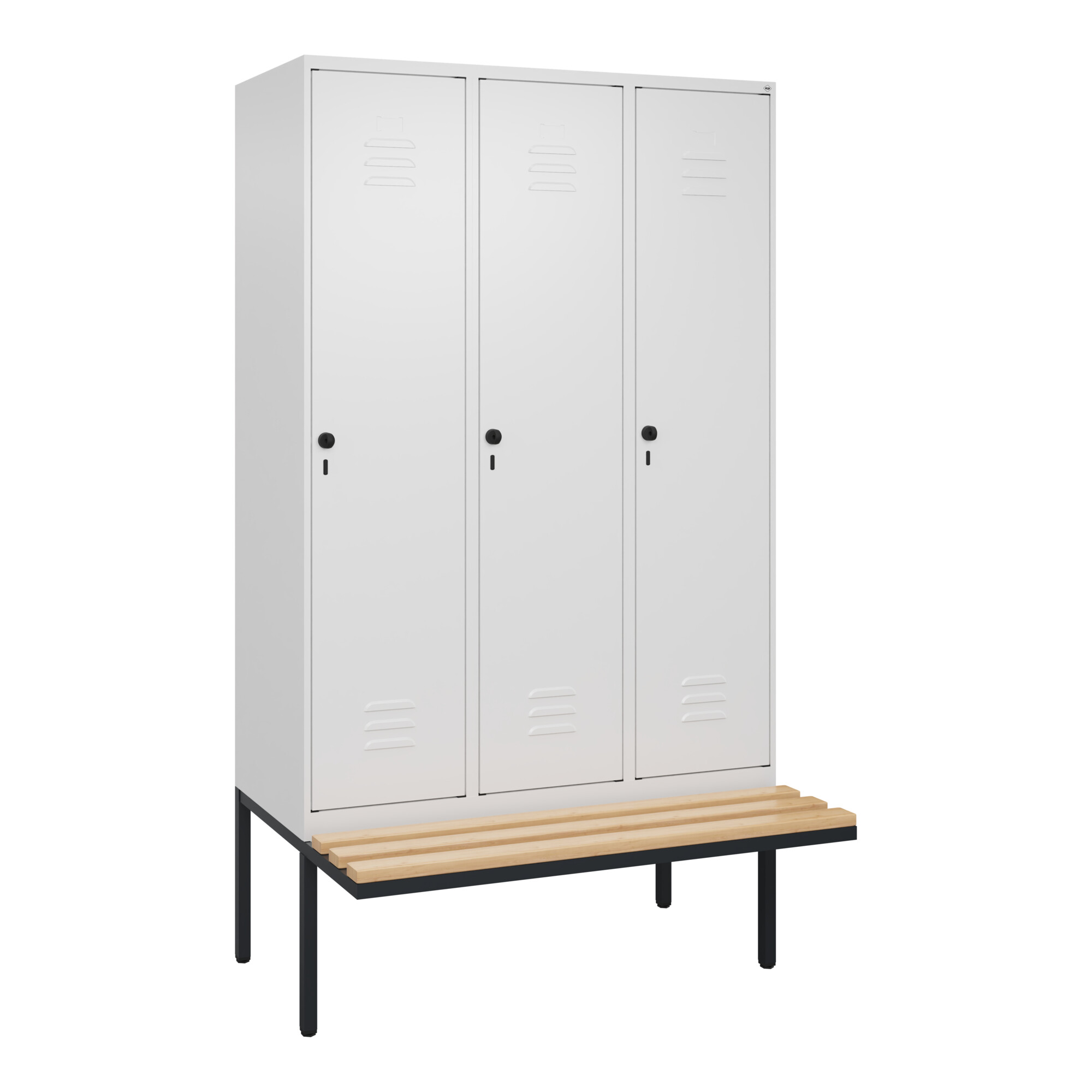 C+P Spind Classic PLUS, Bank, 3 Abteile, 2120x1200x815mm, 9016/9016 Verschluss Sicherheits-Drehriegel 4 Garderobenhaken Sitzbanktyp auskragend ; C +