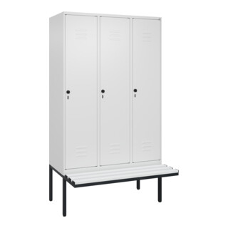 C+P Spind Classic PLUS, Bank, 3 Abteile, 2120x1200x815mm, 9016/9016 Verschluss Sicherheits-Drehriegel 4 Garderobenhaken Trennwand mittig Dekor Banklatten RAL 9010 Reinweiß Sitzbanktyp auskragend