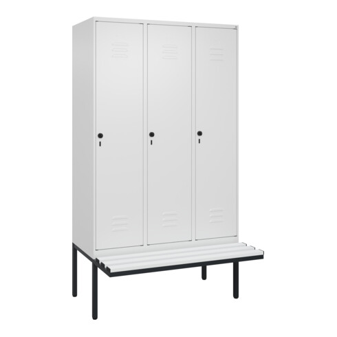 C+P Spind Classic PLUS, Bank, 3 Abteile, 2120x1200x815mm, 9016/9016 Verschluss Sicherheits-Drehriegel 4 Garderobenhaken Trennwand mittig Dekor Banklatten RAL 9010 Reinweiß Sitzbanktyp auskragend