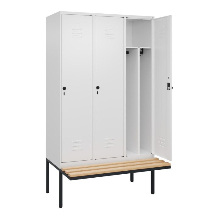 C+P Spind Classic PLUS, Bank, 3 Abteile, 2120x1200x815mm, 9016/9016 Verschluss Sicherheits-Drehriegel 4 Garderobenhaken Trennwand mittig  Sitzbanktyp auskragend