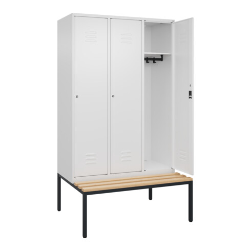 C+P Spind Classic PLUS, Bank, 3 Abteile, 2120x1200x815mm, 9016/9016 Verschluss Zylinderschloss 4 Garderobenhaken   Sitzbanktyp untergebaut