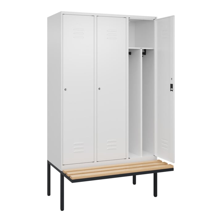 C+P Spind Classic PLUS, Bank, 3 Abteile, 2120x1200x815mm, 9016/9016 Verschluss Zylinderschloss 4 Garderobenhaken Trennwand mittig  Sitzbanktyp auskragend