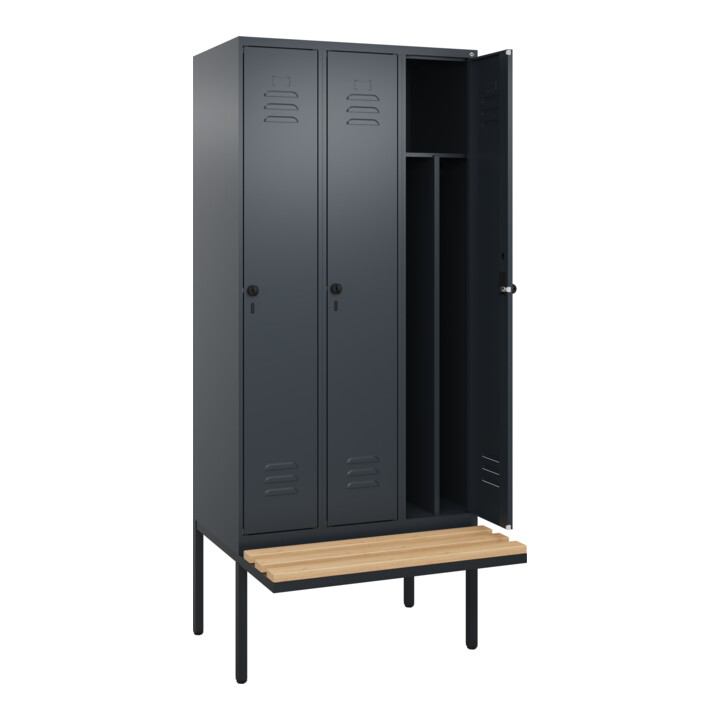 C+P Spind Classic PLUS, Bank, 3 Abteile, 2120x900x815mm, 7016/7016 Verschluss Sicherheits-Drehriegel 4 Garderobenhaken Trennwand mittig  Sitzbanktyp auskragend