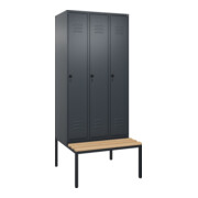C+P Spind Classic PLUS, Bank, 3 Abteile, 2120x900x815mm, 7016/7016 Verschluss Sicherheits-Drehriegel 4 Garderobenhaken Trennwand mittig  Sitzbanktyp untergebaut