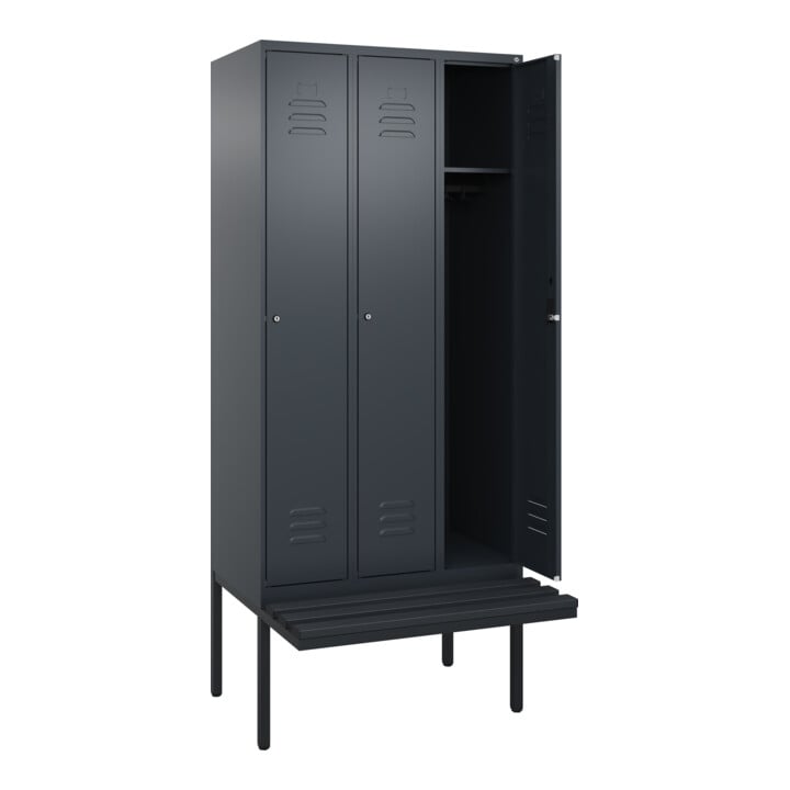 C+P Spind Classic PLUS, Bank, 3 Abteile, 2120x900x815mm, 7016/7016 Verschluss Zylinderschloss 3 Garderobenhaken  Dekor Banklatten RAL 7021 Schwarzgrau Sitzbanktyp auskragend