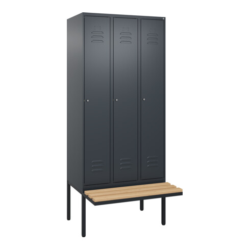 C+P Spind Classic PLUS, Bank, 3 Abteile, 2120x900x815mm, 7016/7016 Verschluss Zylinderschloss 3 Garderobenhaken   Sitzbanktyp auskragend