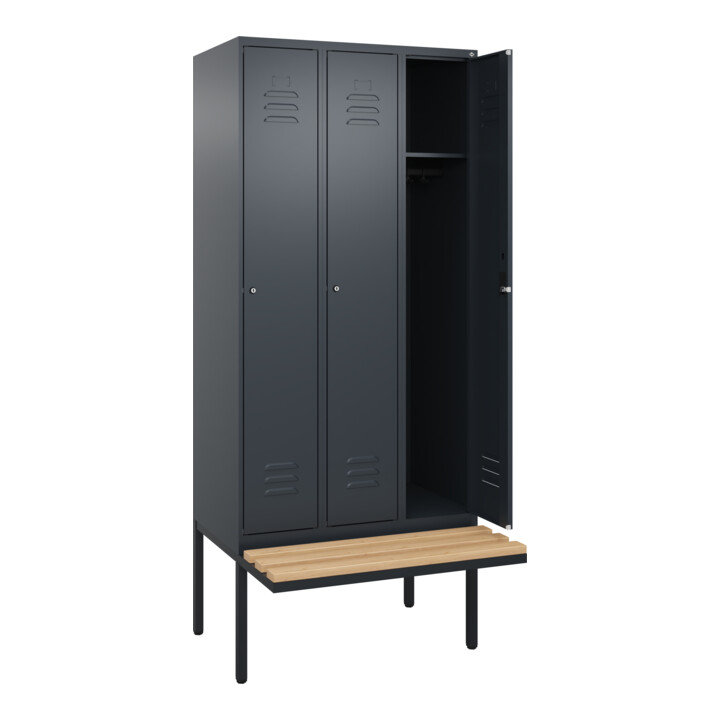 C+P Spind Classic PLUS, Bank, 3 Abteile, 2120x900x815mm, 7016/7016 Verschluss Zylinderschloss 3 Garderobenhaken   Sitzbanktyp auskragend