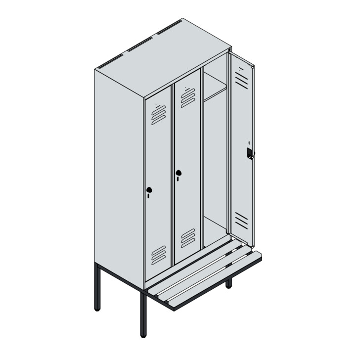 C+P Spind Classic PLUS, Bank, 3 Abteile, 2120x900x815mm, 7016/7016 Verschluss Zylinderschloss 3 Garderobenhaken   Sitzbanktyp auskragend