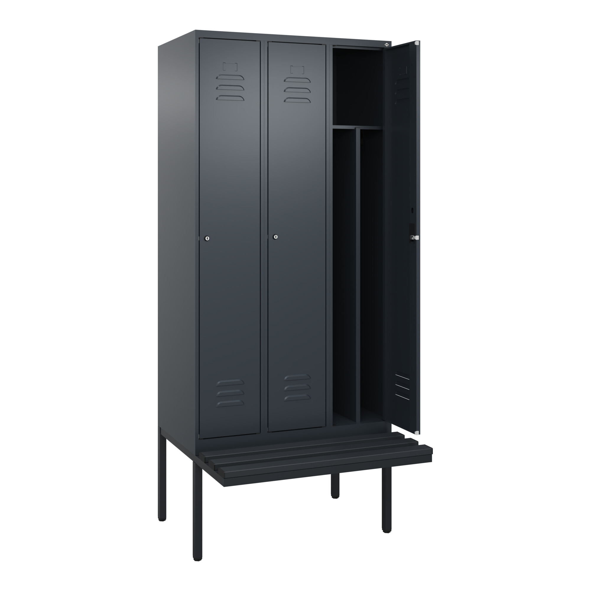 C+P Spind Classic PLUS, Bank, 3 Abteile, 2120x900x815mm, 7016/7016 Verschluss Zylinderschloss 4 Garderobenhaken Trennwand mittig Dekor Banklatten RAL