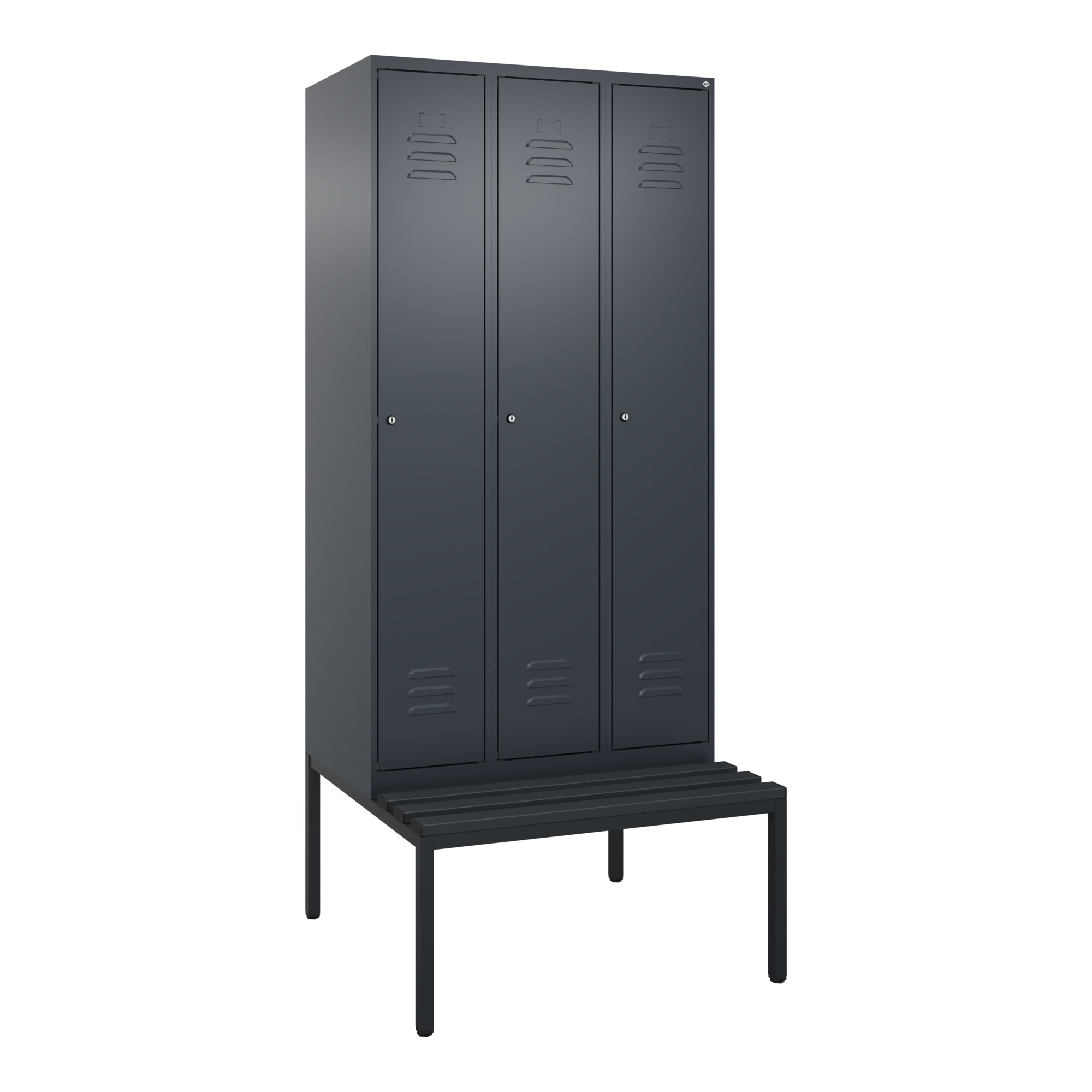 C+P Spind Classic PLUS, Bank, 3 Abteile, 2120x900x815mm, 7016/7016 Verschluss Zylinderschloss 4 Garderobenhaken Trennwand mittig Dekor Banklatten RAL