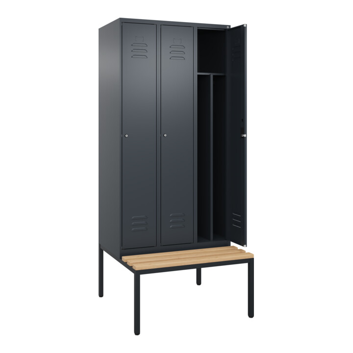 C+P Spind Classic PLUS, Bank, 3 Abteile, 2120x900x815mm, 7016/7016 Verschluss Zylinderschloss 4 Garderobenhaken Trennwand mittig  Sitzbanktyp untergebaut