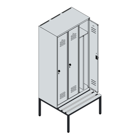 C+P Spind Classic PLUS, Bank, 3 Abteile, 2120x900x815mm, 7016/7016 Verschluss Zylinderschloss 4 Garderobenhaken Trennwand mittig  Sitzbanktyp untergebaut
