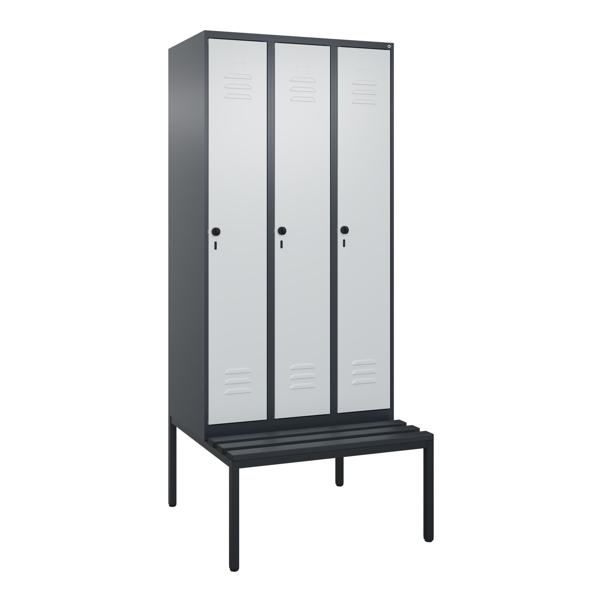 C+P Spind Classic PLUS, Bank, 3 Abteile, 2120x900x815mm, 7016/7035 Verschluss Sicherheits-Drehriegel 3 Garderobenhaken Dekor Banklatten RAL 7021 Schw
