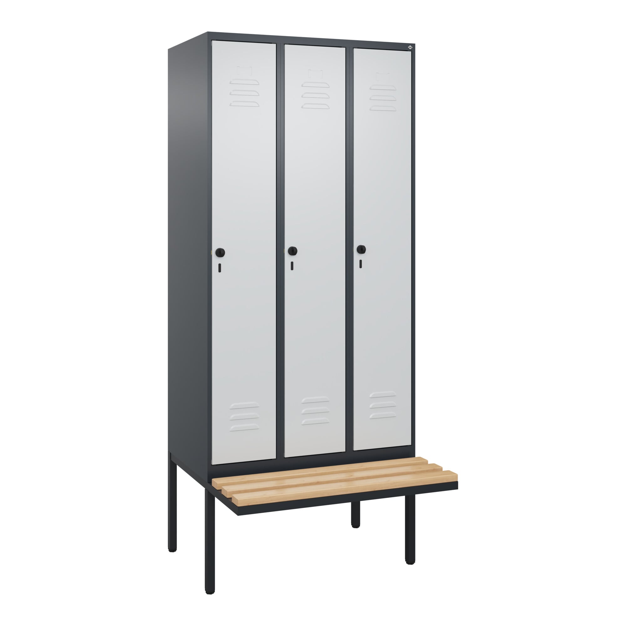 C+P Spind Classic PLUS, Bank, 3 Abteile, 2120x900x815mm, 7016/7035 Verschluss Sicherheits-Drehriegel 3 Garderobenhaken Sitzbanktyp auskragend ; C +