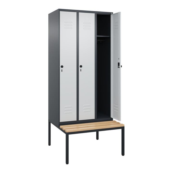 C+P Spind Classic PLUS, Bank, 3 Abteile, 2120x900x815mm, 7016/7035 Verschluss Sicherheits-Drehriegel 3 Garderobenhaken   Sitzbanktyp untergebaut