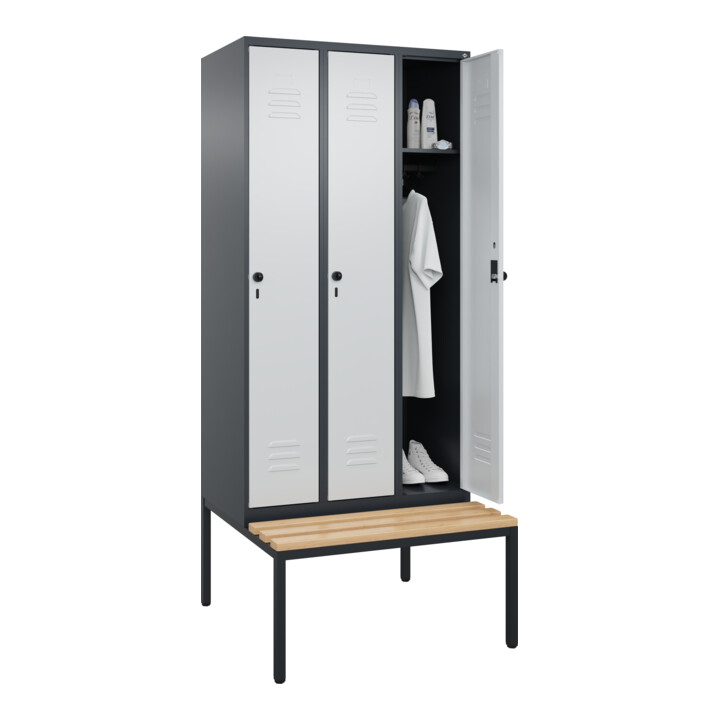 C+P Spind Classic PLUS, Bank, 3 Abteile, 2120x900x815mm, 7016/7035 Verschluss Sicherheits-Drehriegel 3 Garderobenhaken   Sitzbanktyp untergebaut
