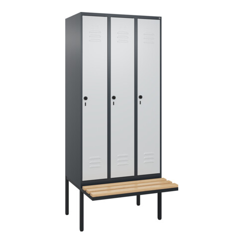 C+P Spind Classic PLUS, Bank, 3 Abteile, 2120x900x815mm, 7016/7035 Verschluss Sicherheits-Drehriegel 4 Garderobenhaken Trennwand mittig Sitzbanktyp auskragend