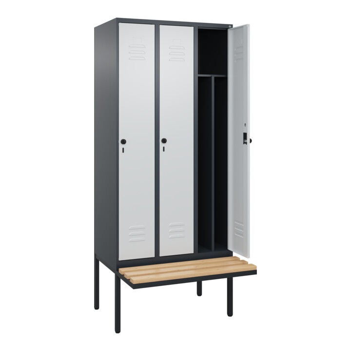 C+P Spind Classic PLUS, Bank, 3 Abteile, 2120x900x815mm, 7016/7035 Verschluss Sicherheits-Drehriegel 4 Garderobenhaken Trennwand mittig  Sitzbanktyp auskragend