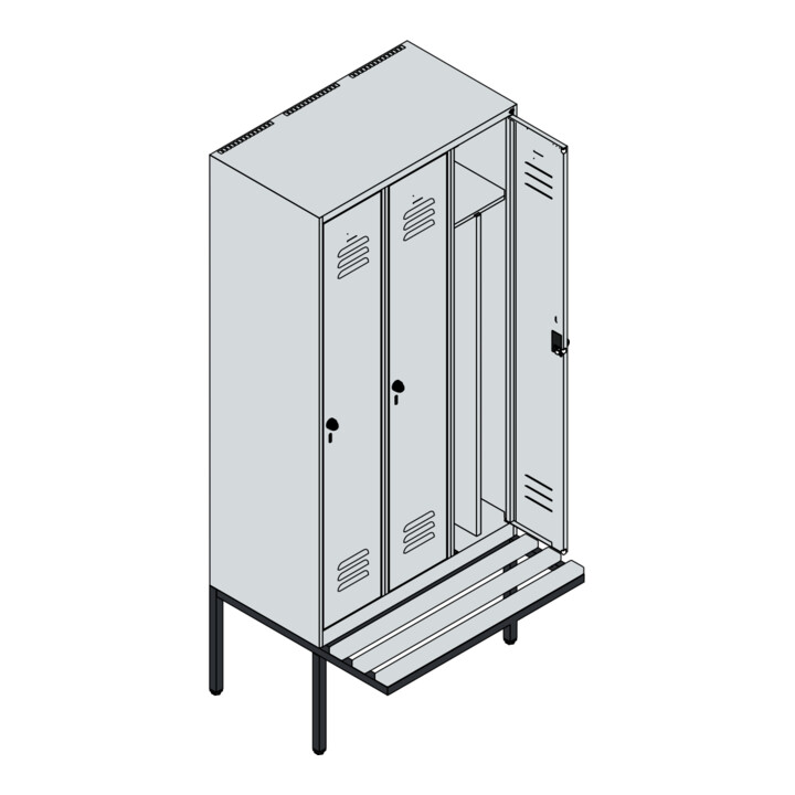 C+P Spind Classic PLUS, Bank, 3 Abteile, 2120x900x815mm, 7016/7035 Verschluss Sicherheits-Drehriegel 4 Garderobenhaken Trennwand mittig  Sitzbanktyp auskragend