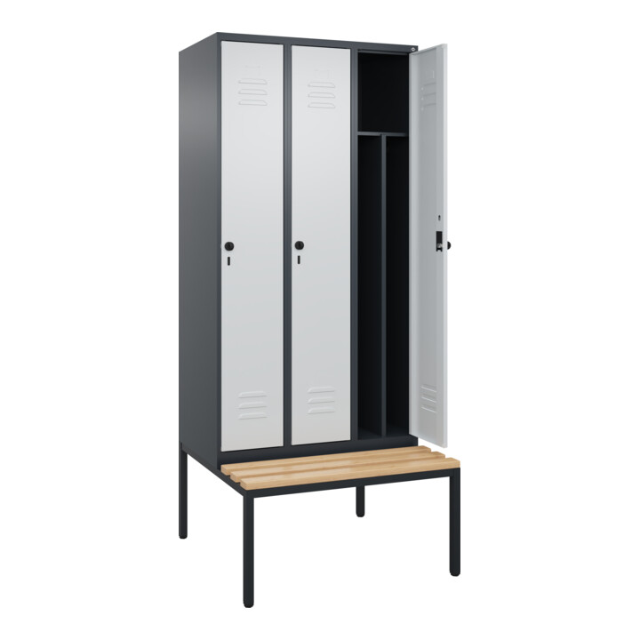 C+P Spind Classic PLUS, Bank, 3 Abteile, 2120x900x815mm, 7016/7035 Verschluss Sicherheits-Drehriegel 4 Garderobenhaken Trennwand mittig  Sitzbanktyp untergebaut