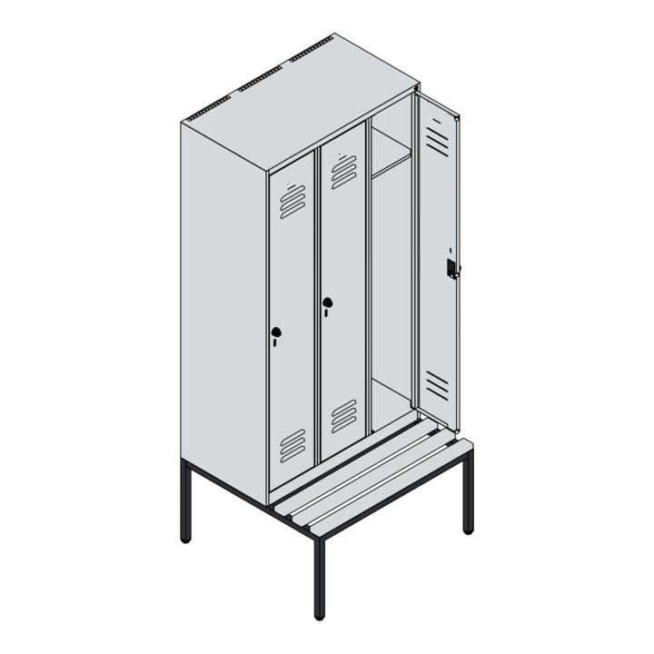 C+P Spind Classic PLUS, Bank, 3 Abteile, 2120x900x815mm, 7016/7035 Verschluss Zylinderschloss 3 Garderobenhaken   Sitzbanktyp untergebaut